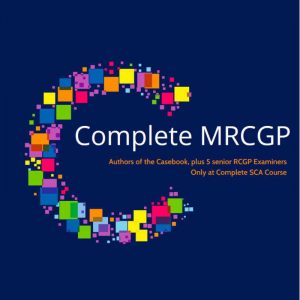 Complete MRCGP course logo featuring a colourful mosaic-style letter “C” on a dark blue background with the text “Complete MRCGP” and reference to senior RCGP examiners and casebook authors.